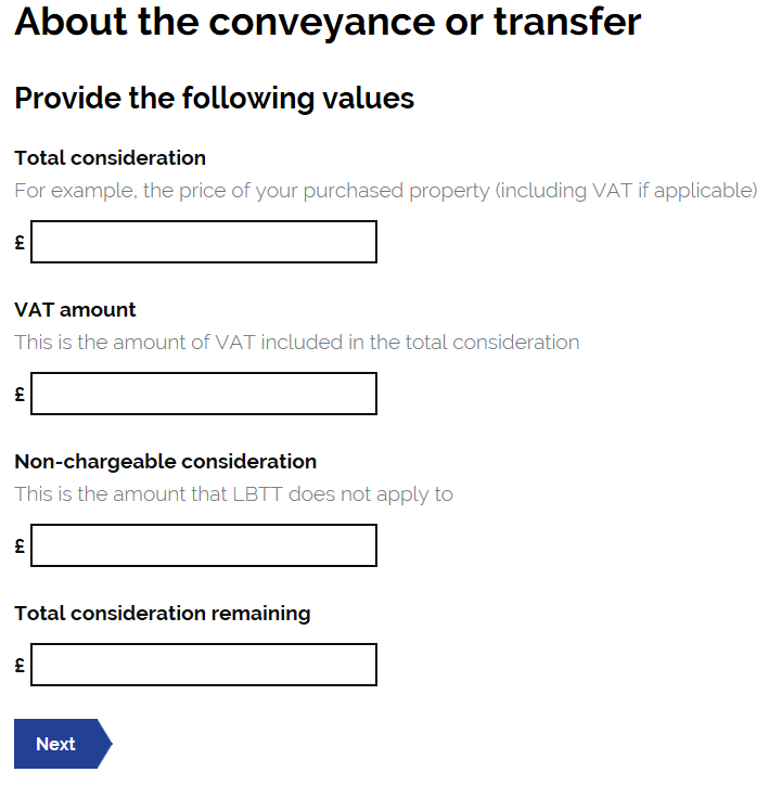 A screengrab of the SETS Portal showing how to enter values relating to 'the conveyance or transfer' 