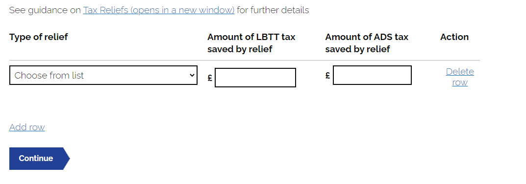 LBTT online return - select type of relief screen