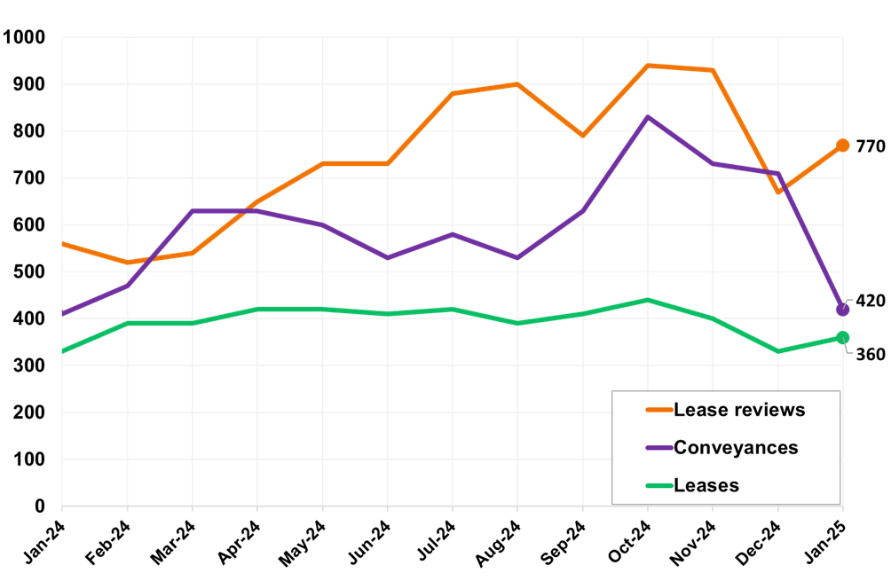 The number of non-residential conveyance returns submitted in January 2025 was the lowest since January 2024. Lease reviews and lease returns increased slightly on the previous month.