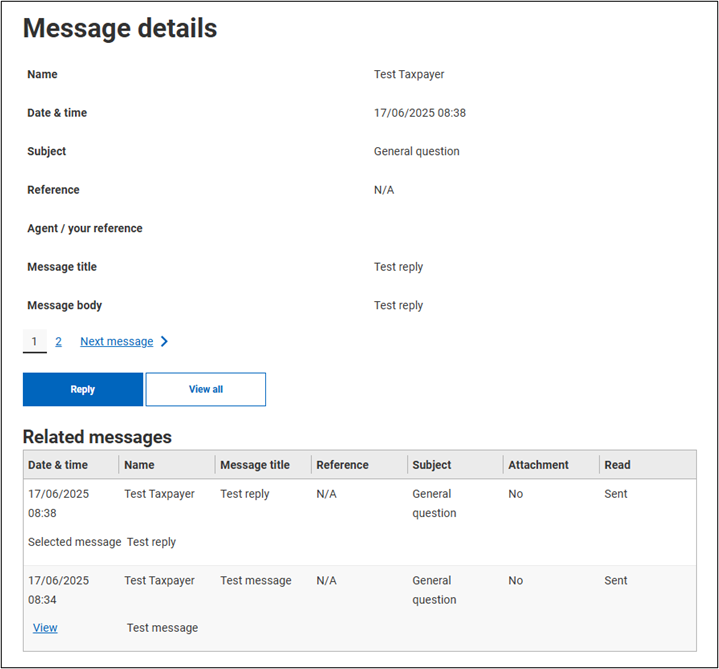A screen showing message details of a sample message, including name, date and time, subject, reference, message title, and message body.