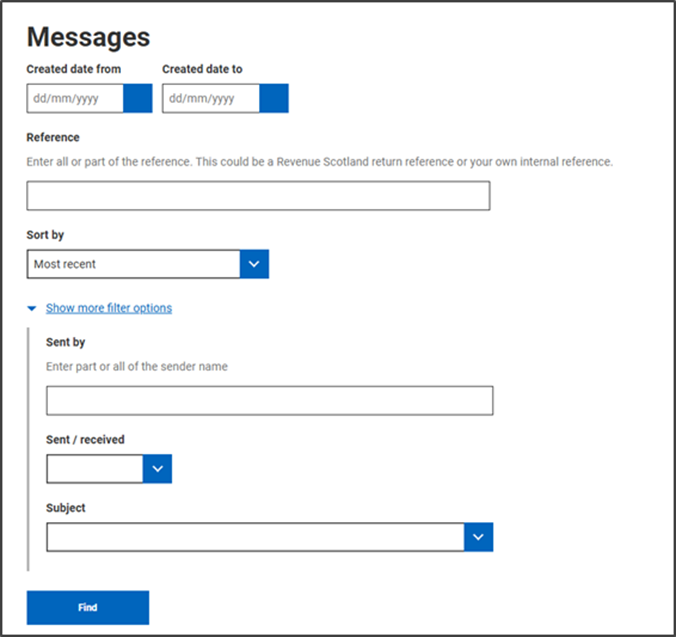 A screen displaying message filtering options. The "show more filter options" link and "find" button are highlighted with a red box.
