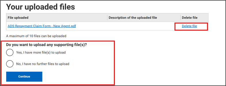 A screen showing options to delete a file, or upload more files.