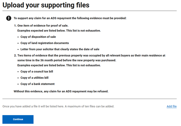 A webpage instructing the user to upload their supporting files.